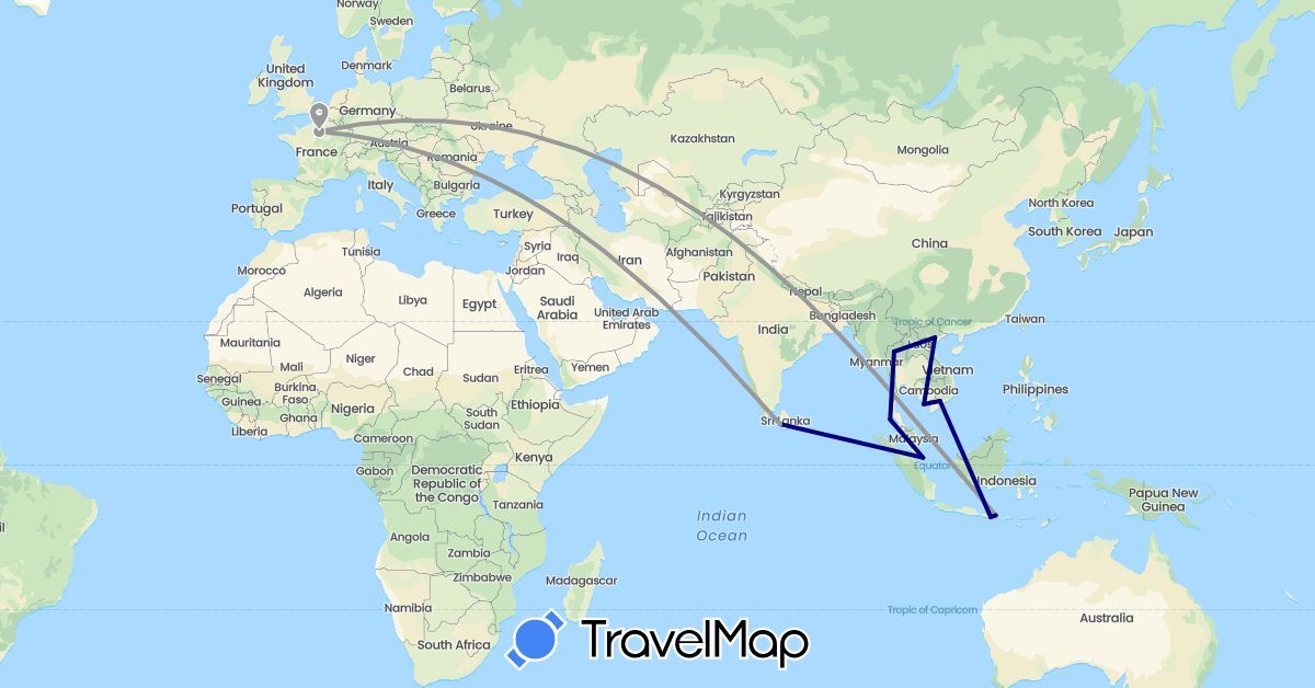 TravelMap itinerary: driving, plane in France, Indonesia, Sri Lanka, Singapore, Thailand, Vietnam (Asia, Europe)